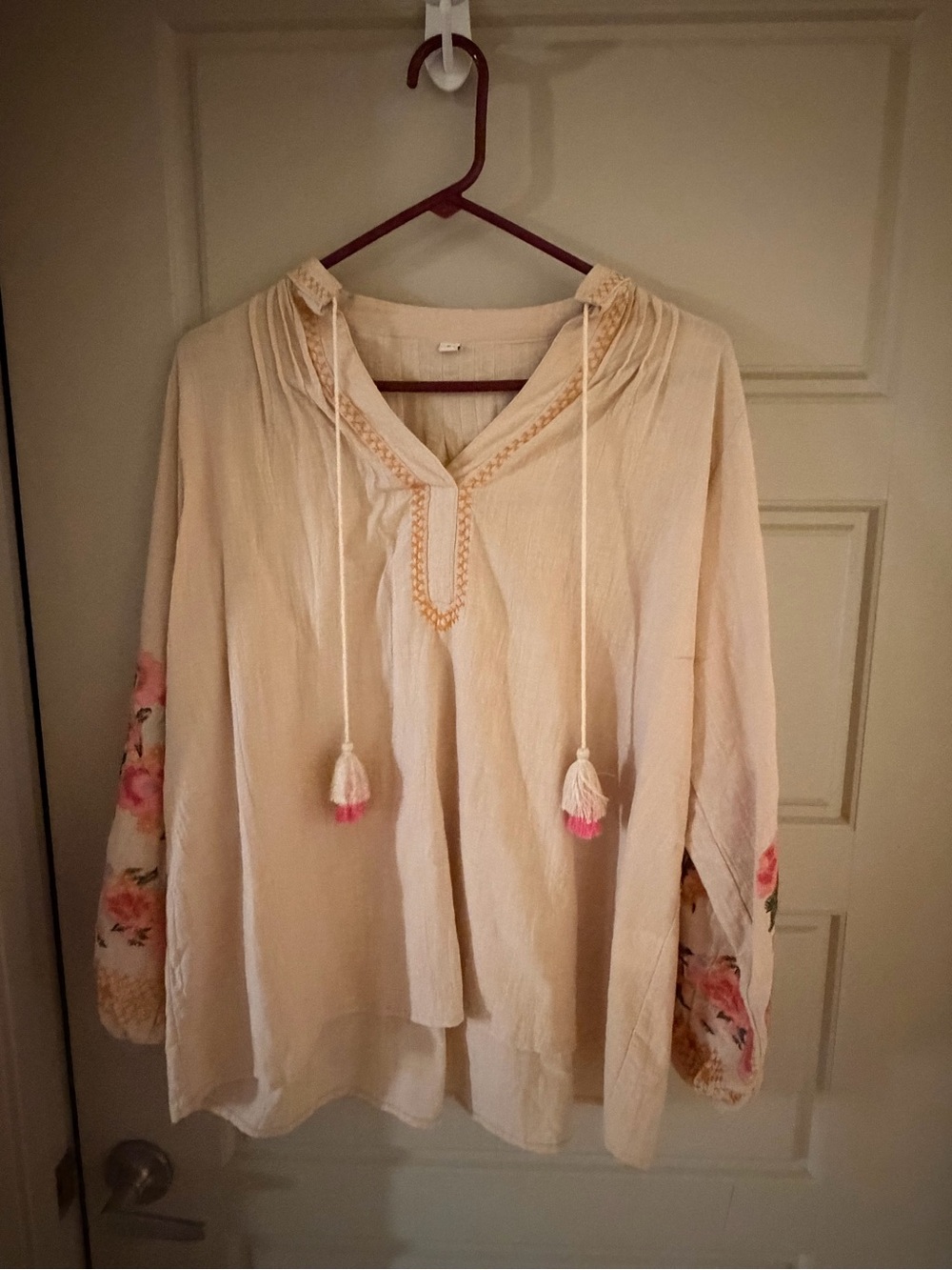 Women’s Cream Embroidered Peasant Blouse with Tassels